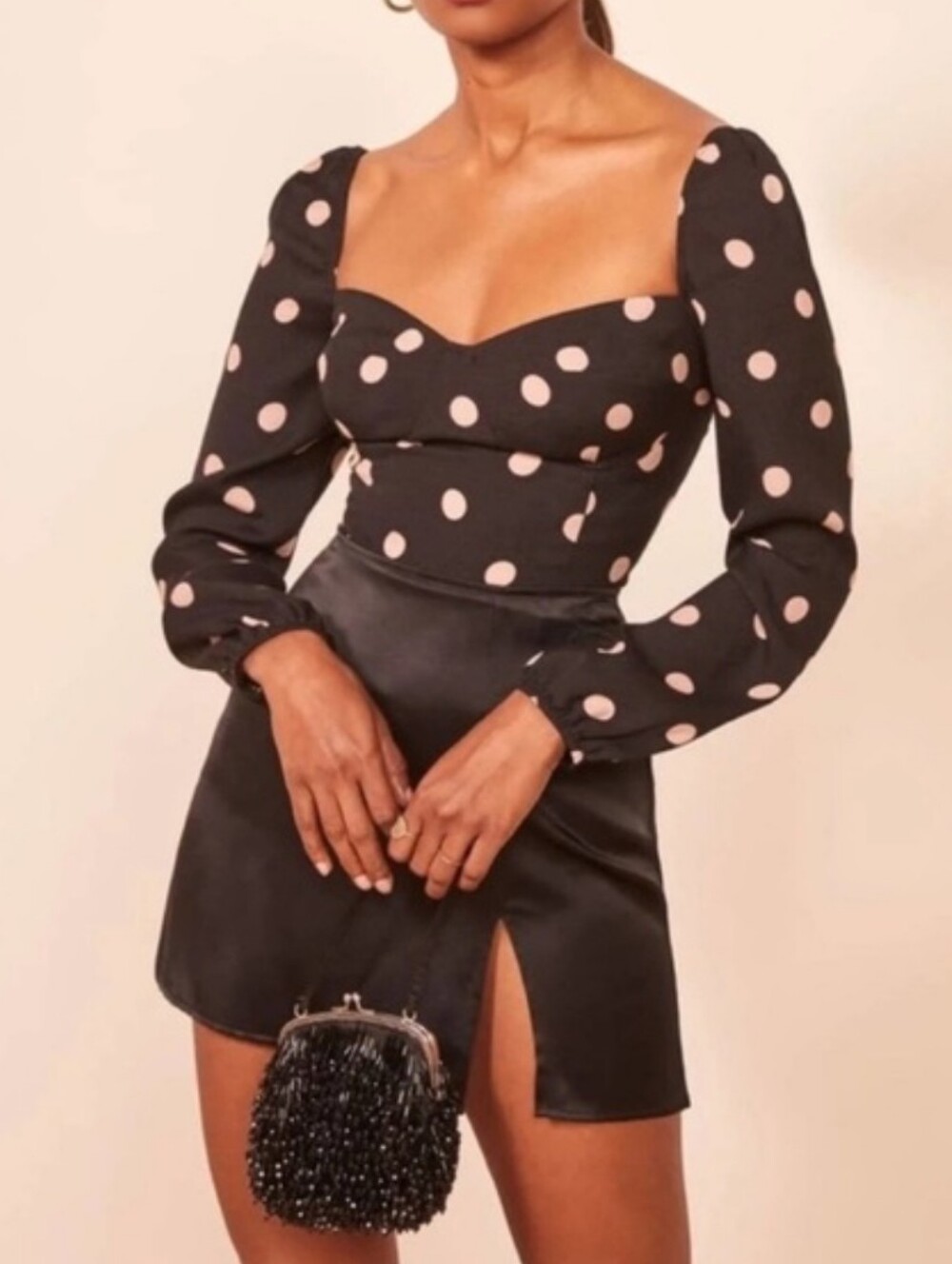 Reformation Black And Pink Polka Dot Smocked Top